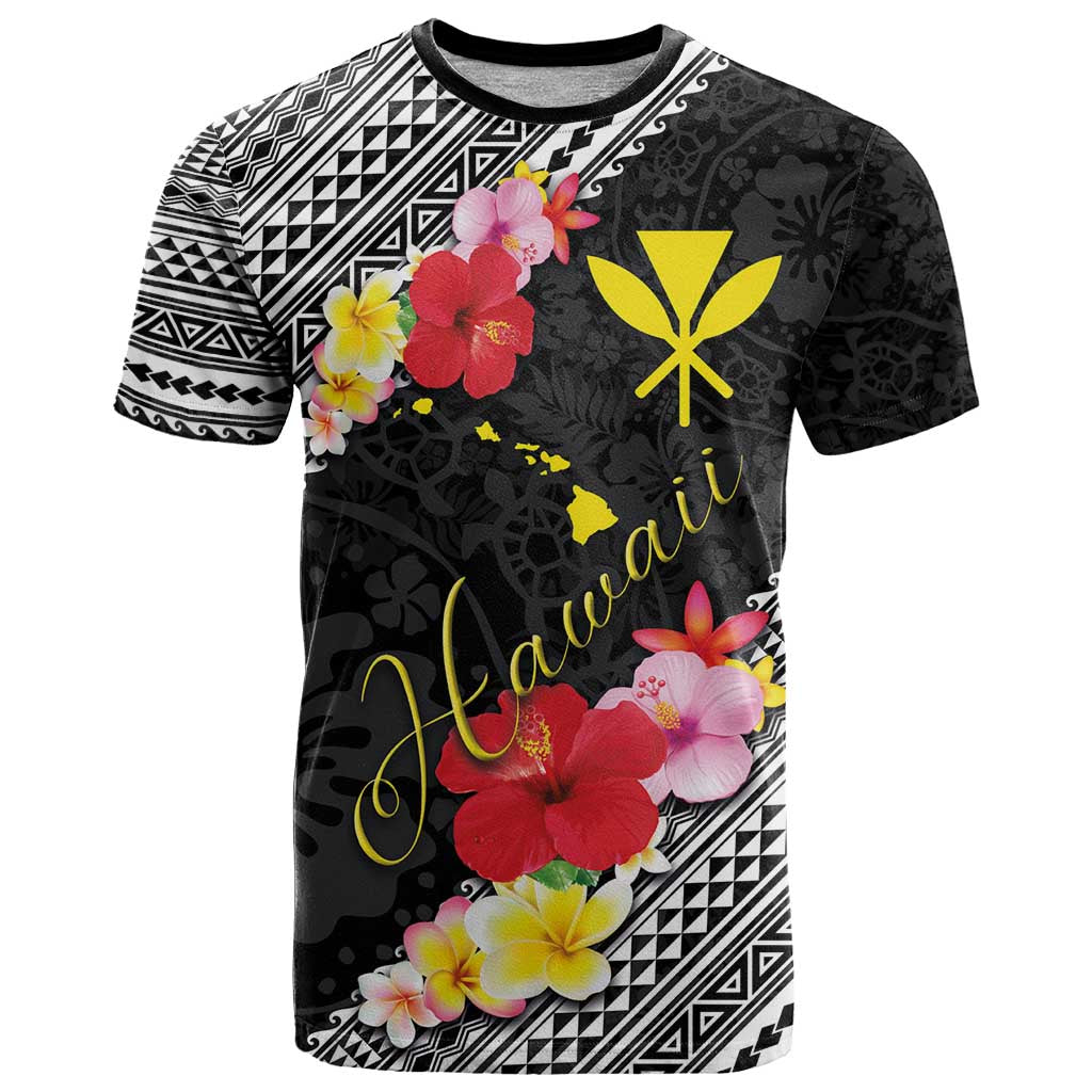 Aloha Hawaii Hibiscus and Plumeria Flowers T Shirt Kanaka Maoli Tattoo Polynesian Pattern LT03 Black - Polynesian Pride