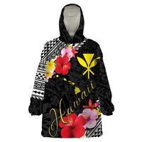 Aloha Hawaii Hibiscus and Plumeria Flowers Wearable Blanket Hoodie Kanaka Maoli Tattoo Polynesian Pattern LT03 One Size Black - Polynesian Pride