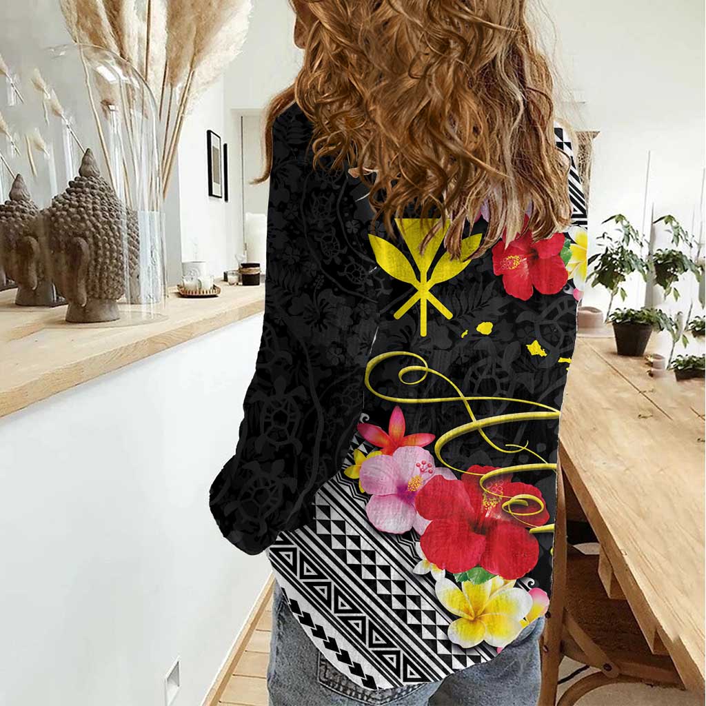 Aloha Hawaii Hibiscus and Plumeria Flowers Women Casual Shirt Kanaka Maoli Tattoo Polynesian Pattern LT03 - Polynesian Pride