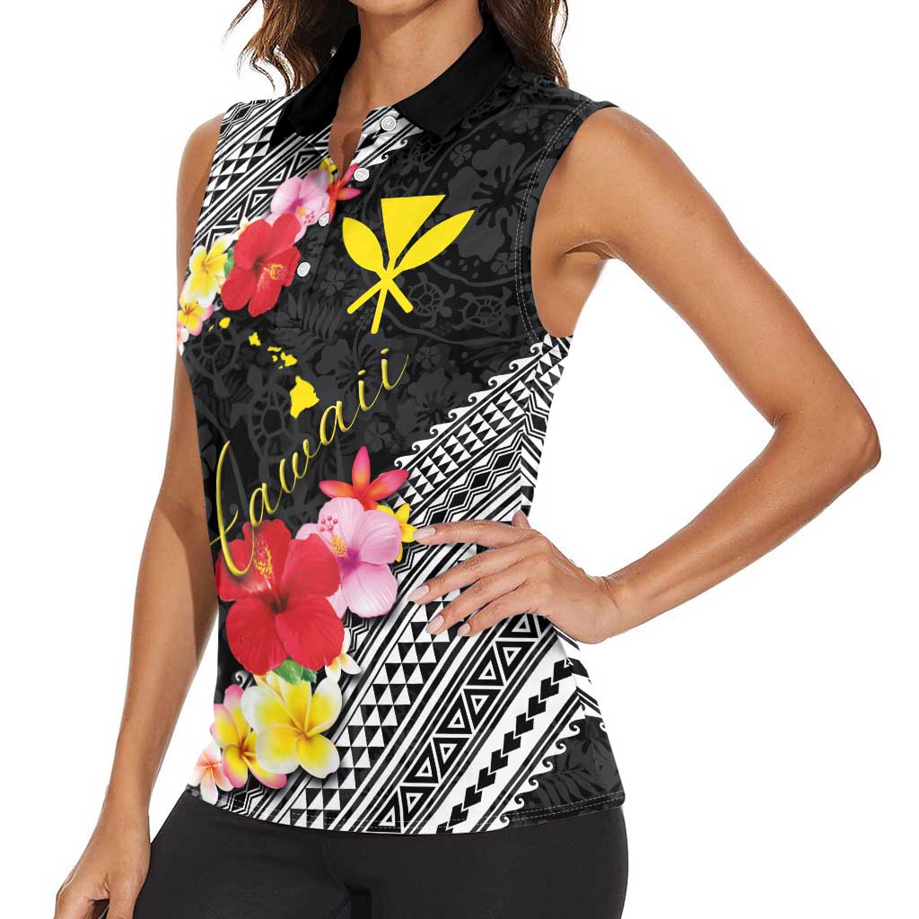 Aloha Hawaii Hibiscus and Plumeria Flowers Women Sleeveless Polo Shirt Kanaka Maoli Tattoo Polynesian Pattern LT03 - Polynesian Pride