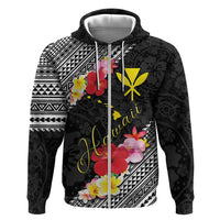 Aloha Hawaii Hibiscus and Plumeria Flowers Zip Hoodie Kanaka Maoli Tattoo Polynesian Pattern LT03 Zip Hoodie Black - Polynesian Pride