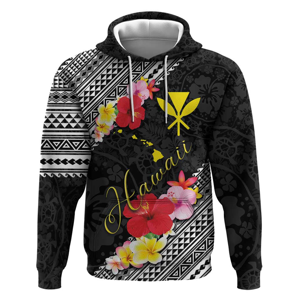 Aloha Hawaii Hibiscus and Plumeria Flowers Zip Hoodie Kanaka Maoli Tattoo Polynesian Pattern LT03 Pullover Hoodie Black - Polynesian Pride