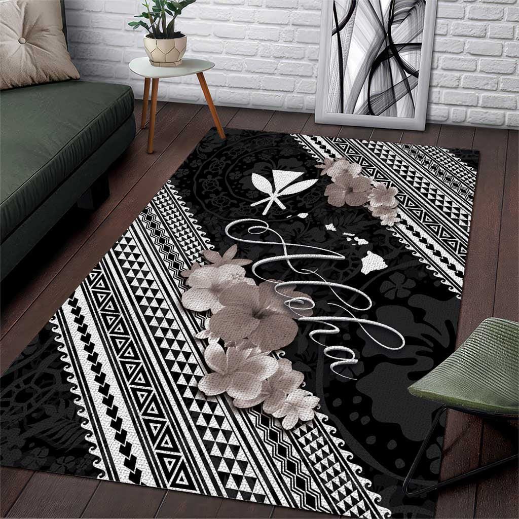 Aloha Hawaii Hibiscus and Plumeria Flowers Area Rug Kanaka Maoli Tattoo Polynesian Pattern Gray Color LT03 Black - Polynesian Pride