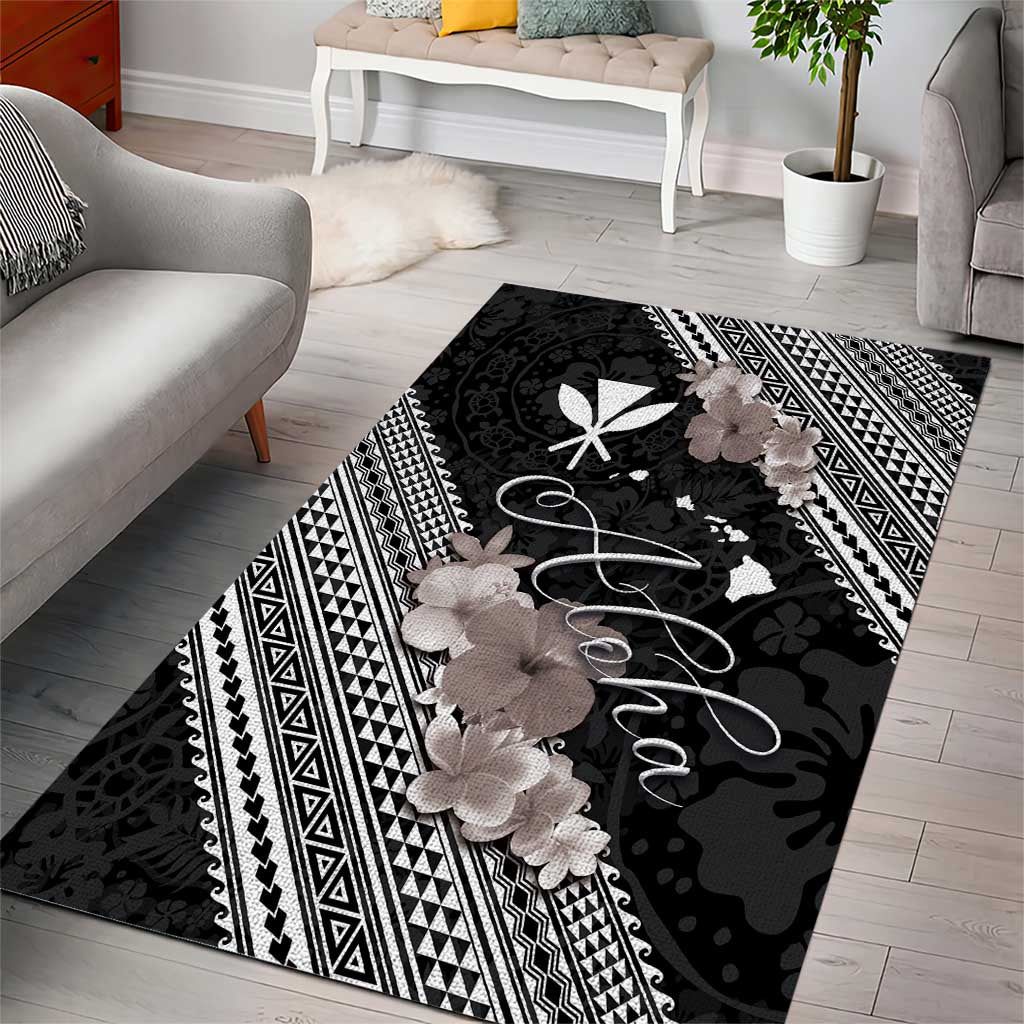 Aloha Hawaii Hibiscus and Plumeria Flowers Area Rug Kanaka Maoli Tattoo Polynesian Pattern Gray Color LT03 - Polynesian Pride