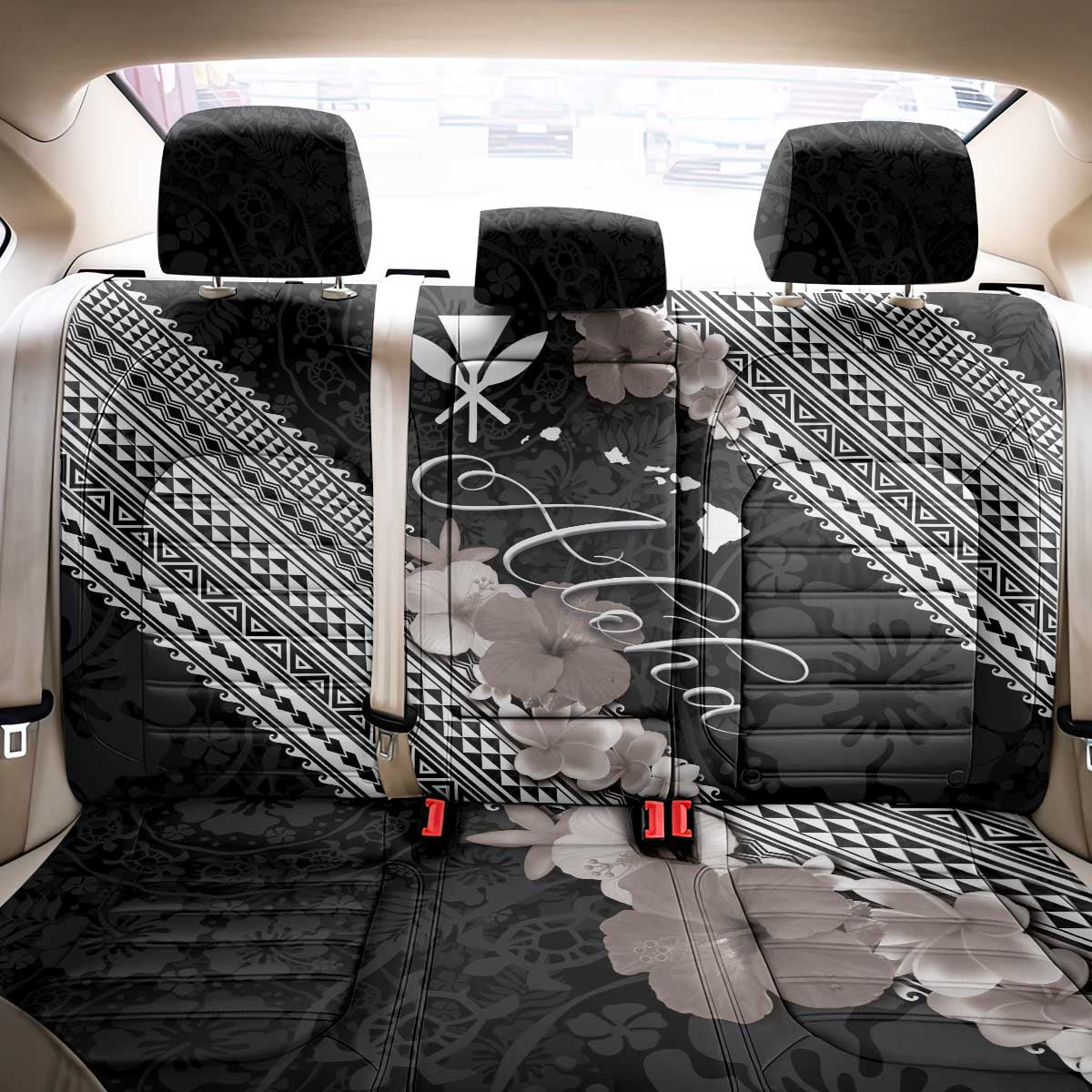 Aloha Hawaii Hibiscus and Plumeria Flowers Back Car Seat Cover Kanaka Maoli Tattoo Polynesian Pattern Gray Color LT03 - Polynesian Pride
