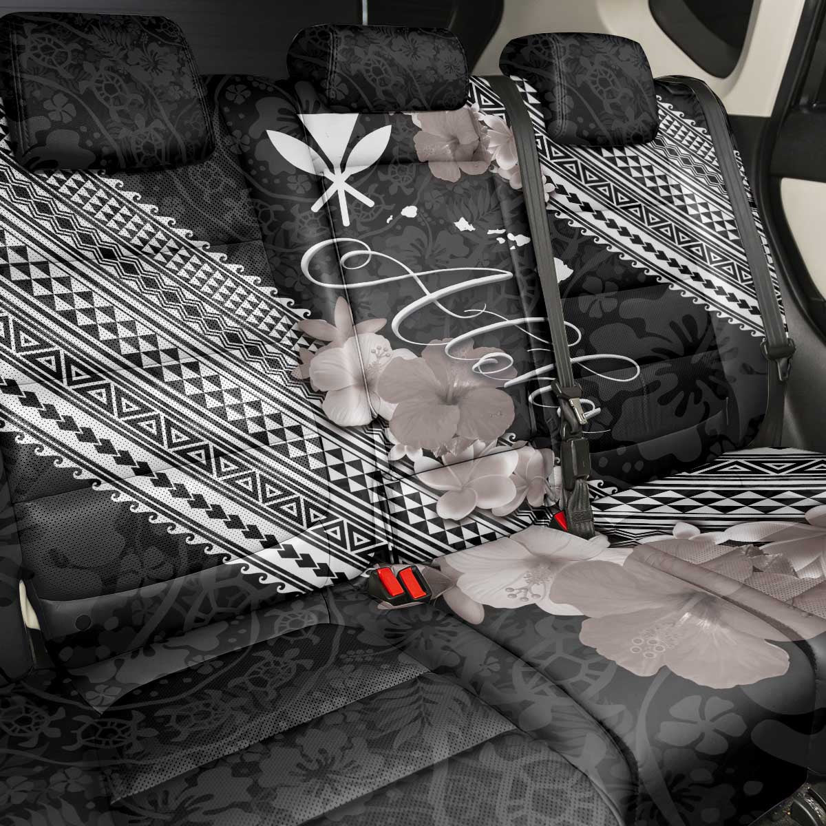Aloha Hawaii Hibiscus and Plumeria Flowers Back Car Seat Cover Kanaka Maoli Tattoo Polynesian Pattern Gray Color LT03 - Polynesian Pride