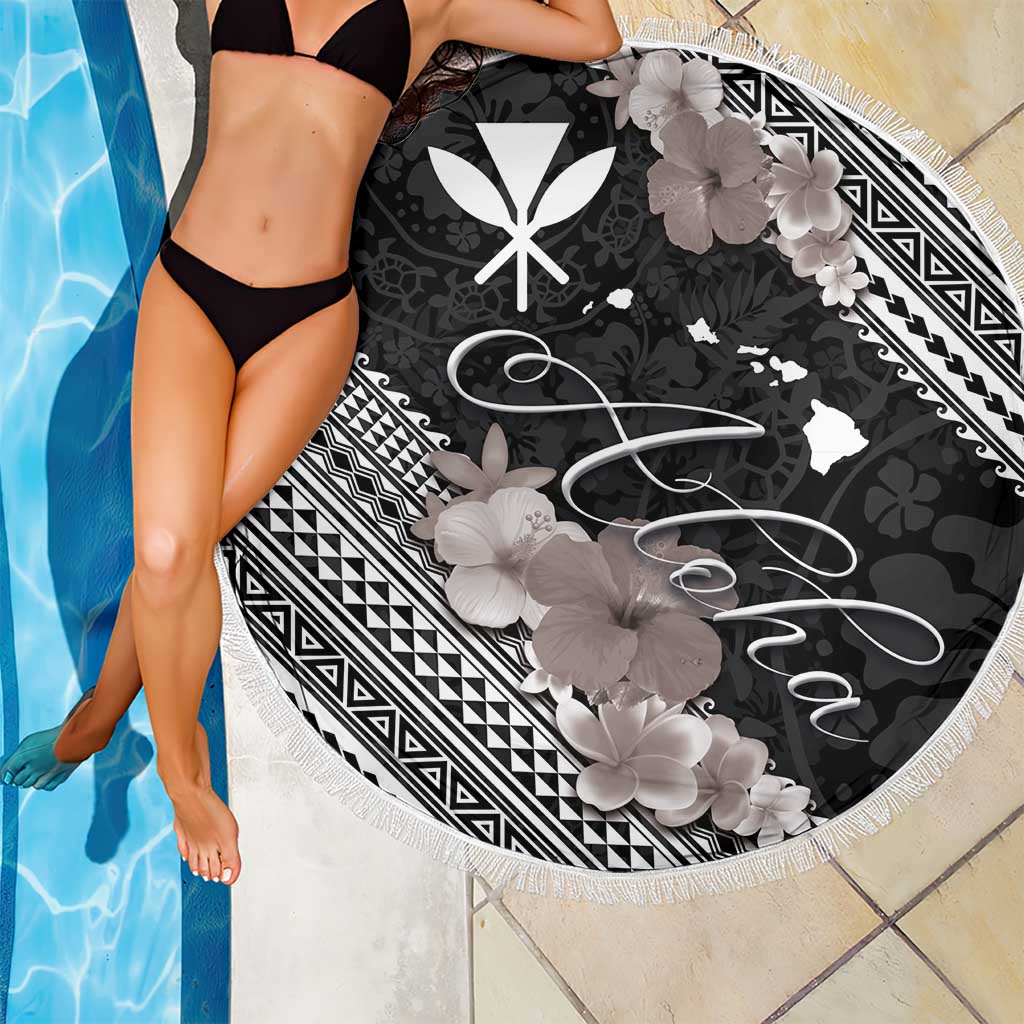 Aloha Hawaii Hibiscus and Plumeria Flowers Beach Blanket Kanaka Maoli Tattoo Polynesian Pattern Gray Color LT03 - Polynesian Pride