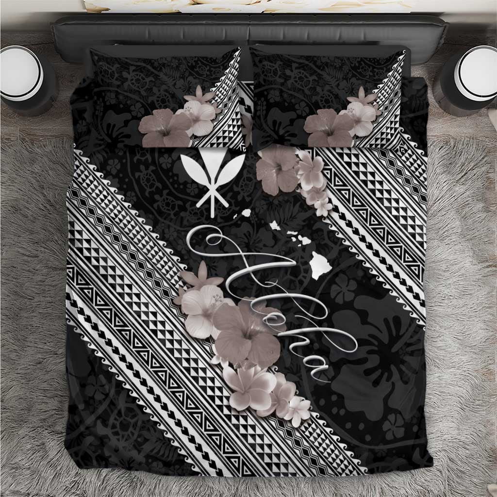 Aloha Hawaii Hibiscus and Plumeria Flowers Bedding Set Kanaka Maoli Tattoo Polynesian Pattern Gray Color LT03 Black - Polynesian Pride