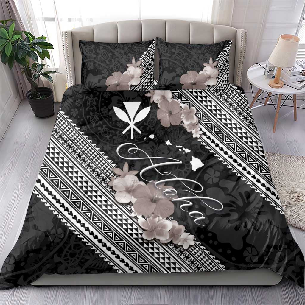 Aloha Hawaii Hibiscus and Plumeria Flowers Bedding Set Kanaka Maoli Tattoo Polynesian Pattern Gray Color LT03 - Polynesian Pride