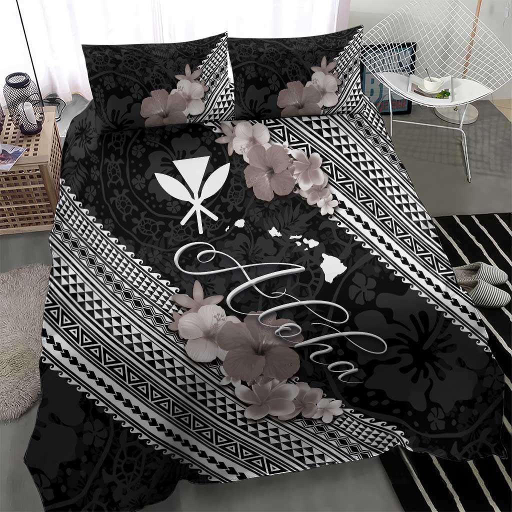 Aloha Hawaii Hibiscus and Plumeria Flowers Bedding Set Kanaka Maoli Tattoo Polynesian Pattern Gray Color LT03 - Polynesian Pride