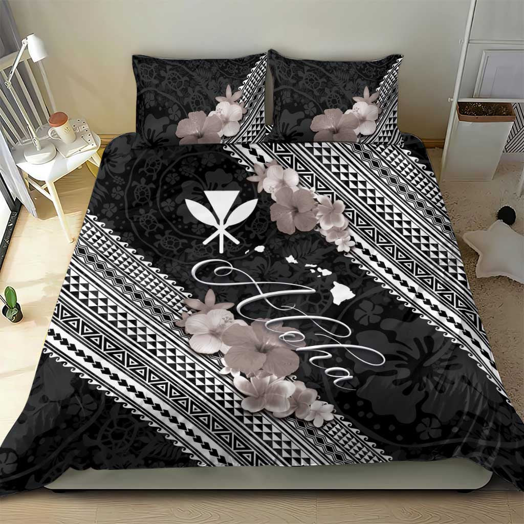 Aloha Hawaii Hibiscus and Plumeria Flowers Bedding Set Kanaka Maoli Tattoo Polynesian Pattern Gray Color LT03 - Polynesian Pride