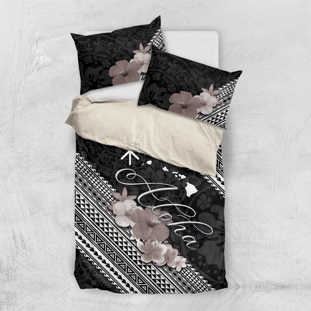 Aloha Hawaii Hibiscus and Plumeria Flowers Bedding Set Kanaka Maoli Tattoo Polynesian Pattern Gray Color LT03 US Twin 172cm x 218cm Black - Polynesian Pride