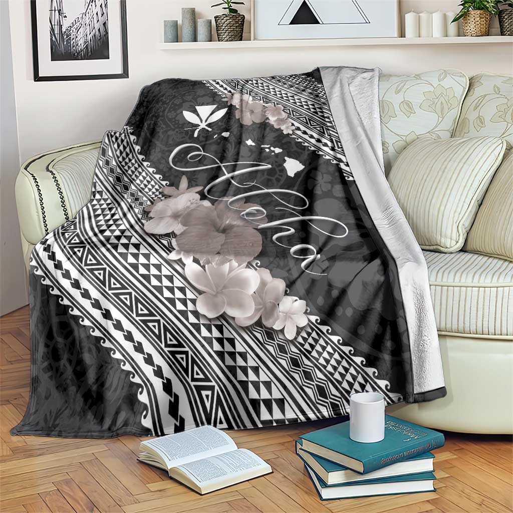 Aloha Hawaii Hibiscus and Plumeria Flowers Blanket Kanaka Maoli Tattoo Polynesian Pattern Gray Color LT03 Black - Polynesian Pride