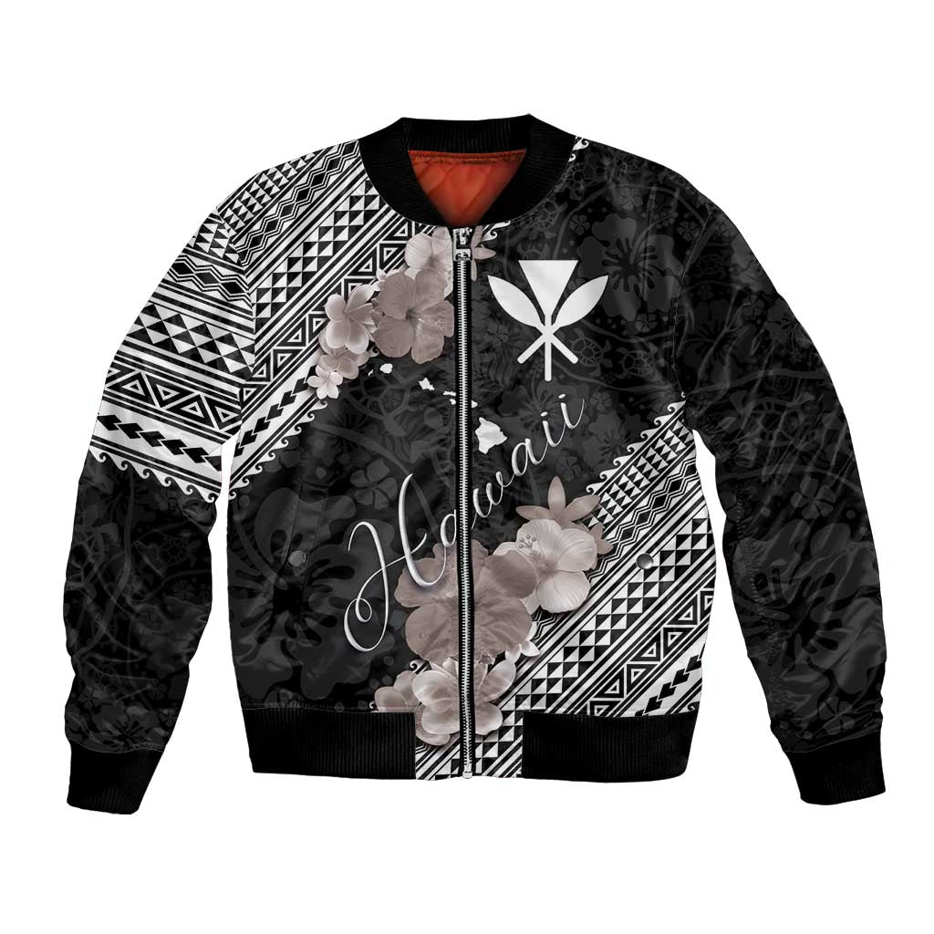 Aloha Hawaii Hibiscus and Plumeria Flowers Bomber Jacket Kanaka Maoli Tattoo Polynesian Pattern Gray Color LT03 Unisex Black - Polynesian Pride
