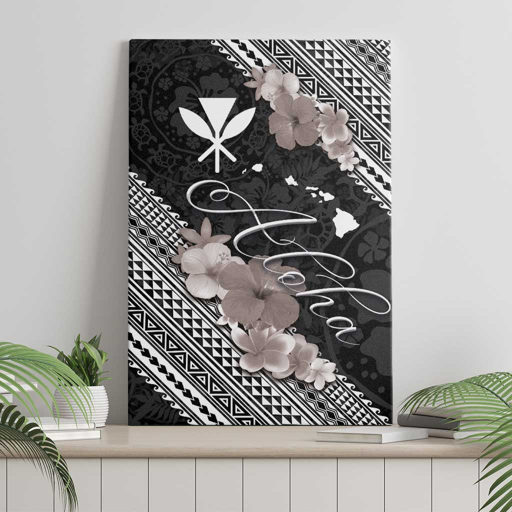 Aloha Hawaii Hibiscus and Plumeria Flowers Canvas Wall Art Kanaka Maoli Tattoo Polynesian Pattern Gray Color LT03 - Polynesian Pride