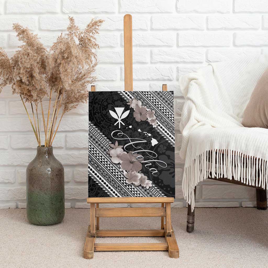 Aloha Hawaii Hibiscus and Plumeria Flowers Canvas Wall Art Kanaka Maoli Tattoo Polynesian Pattern Gray Color LT03 - Polynesian Pride