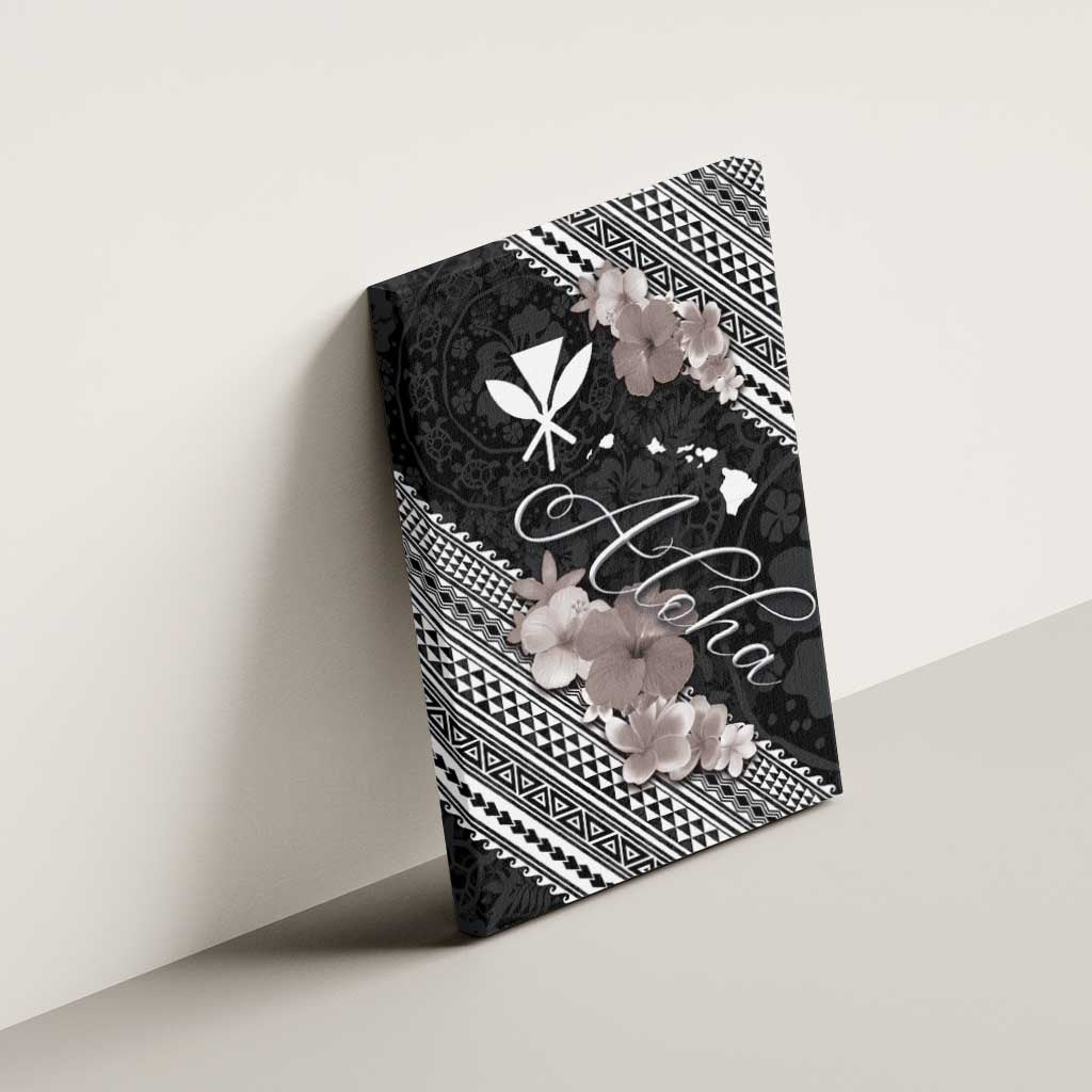 Aloha Hawaii Hibiscus and Plumeria Flowers Canvas Wall Art Kanaka Maoli Tattoo Polynesian Pattern Gray Color LT03 - Polynesian Pride