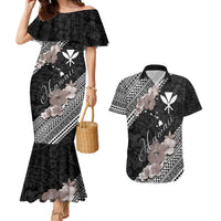 Aloha Hawaii Hibiscus and Plumeria Flowers Couples Matching Mermaid Dress and Hawaiian Shirt Kanaka Maoli Tattoo Polynesian Pattern Gray Color LT03 Black - Polynesian Pride