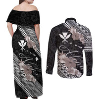 Aloha Hawaii Hibiscus and Plumeria Flowers Couples Matching Off Shoulder Maxi Dress and Long Sleeve Button Shirt Kanaka Maoli Tattoo Polynesian Pattern Gray Color