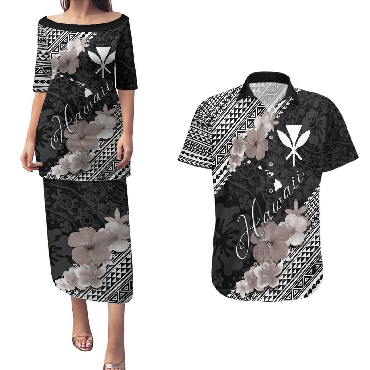 Aloha Hawaii Hibiscus and Plumeria Flowers Couples Matching Puletasi and Hawaiian Shirt Kanaka Maoli Tattoo Polynesian Pattern Gray Color LT03 Black - Polynesian Pride