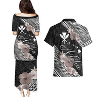 Aloha Hawaii Hibiscus and Plumeria Flowers Couples Matching Puletasi and Hawaiian Shirt Kanaka Maoli Tattoo Polynesian Pattern Gray Color LT03 - Polynesian Pride