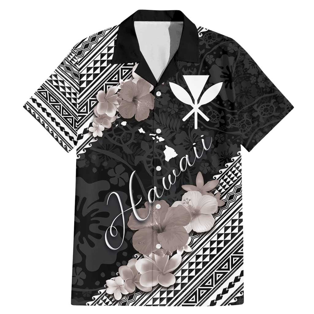 Aloha Hawaii Hibiscus and Plumeria Flowers Family Matching Mermaid Dress and Hawaiian Shirt Kanaka Maoli Tattoo Polynesian Pattern Gray Color LT03 Dad's Shirt - Short Sleeve Black - Polynesian Pride