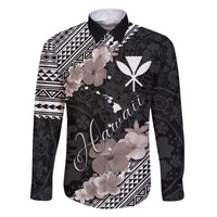 Aloha Hawaii Hibiscus and Plumeria Flowers Family Matching Mermaid Dress and Hawaiian Shirt Kanaka Maoli Tattoo Polynesian Pattern Gray Color LT03 Dad's Shirt - Long Sleeve Black - Polynesian Pride