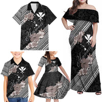 Aloha Hawaii Hibiscus and Plumeria Flowers Family Matching Off Shoulder Maxi Dress and Hawaiian Shirt Kanaka Maoli Tattoo Polynesian Pattern Gray Color LT03 - Polynesian Pride