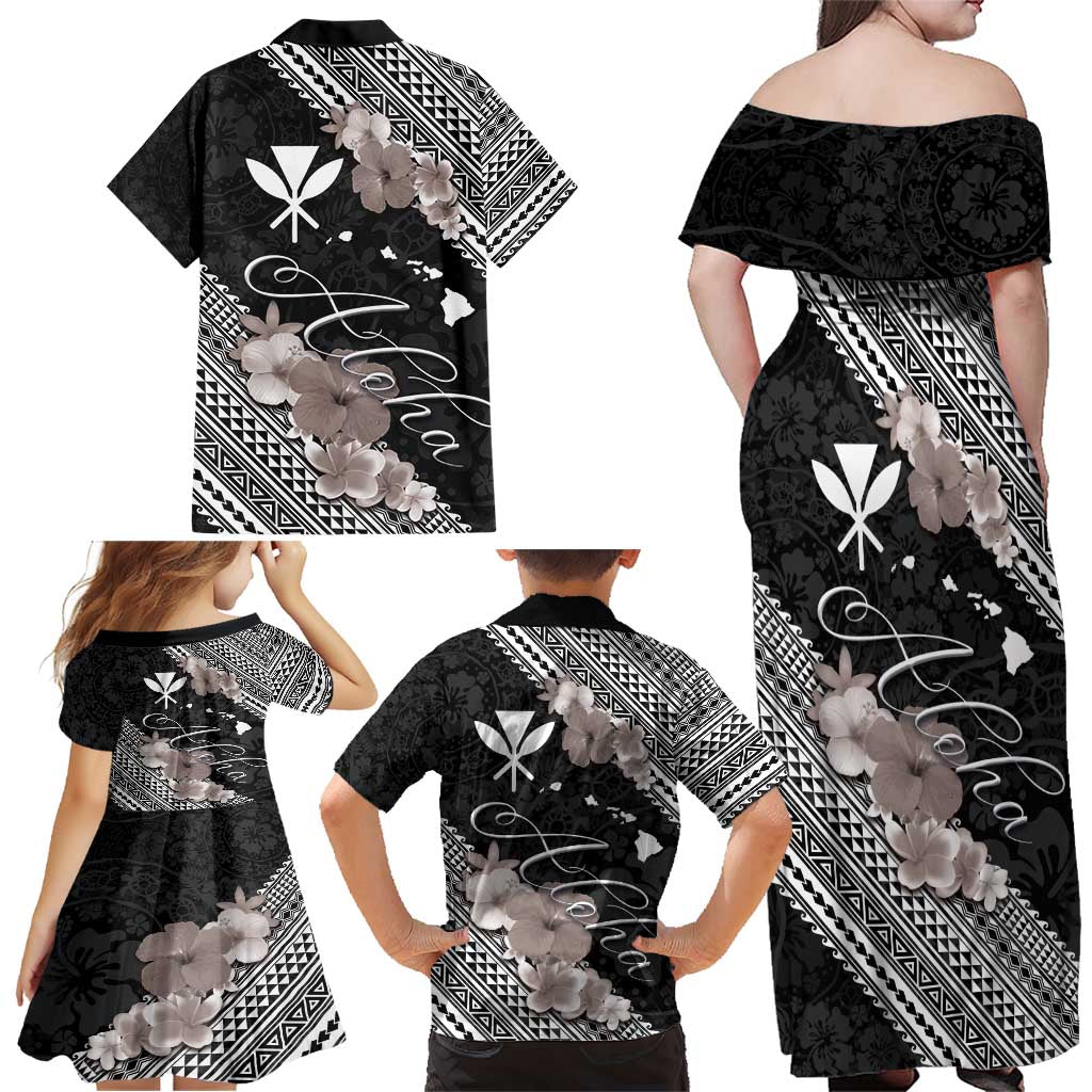 Aloha Hawaii Hibiscus and Plumeria Flowers Family Matching Off Shoulder Maxi Dress and Hawaiian Shirt Kanaka Maoli Tattoo Polynesian Pattern Gray Color LT03 - Polynesian Pride