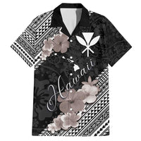 Aloha Hawaii Hibiscus and Plumeria Flowers Family Matching Off Shoulder Maxi Dress and Hawaiian Shirt Kanaka Maoli Tattoo Polynesian Pattern Gray Color LT03 Dad's Shirt - Short Sleeve Black - Polynesian Pride