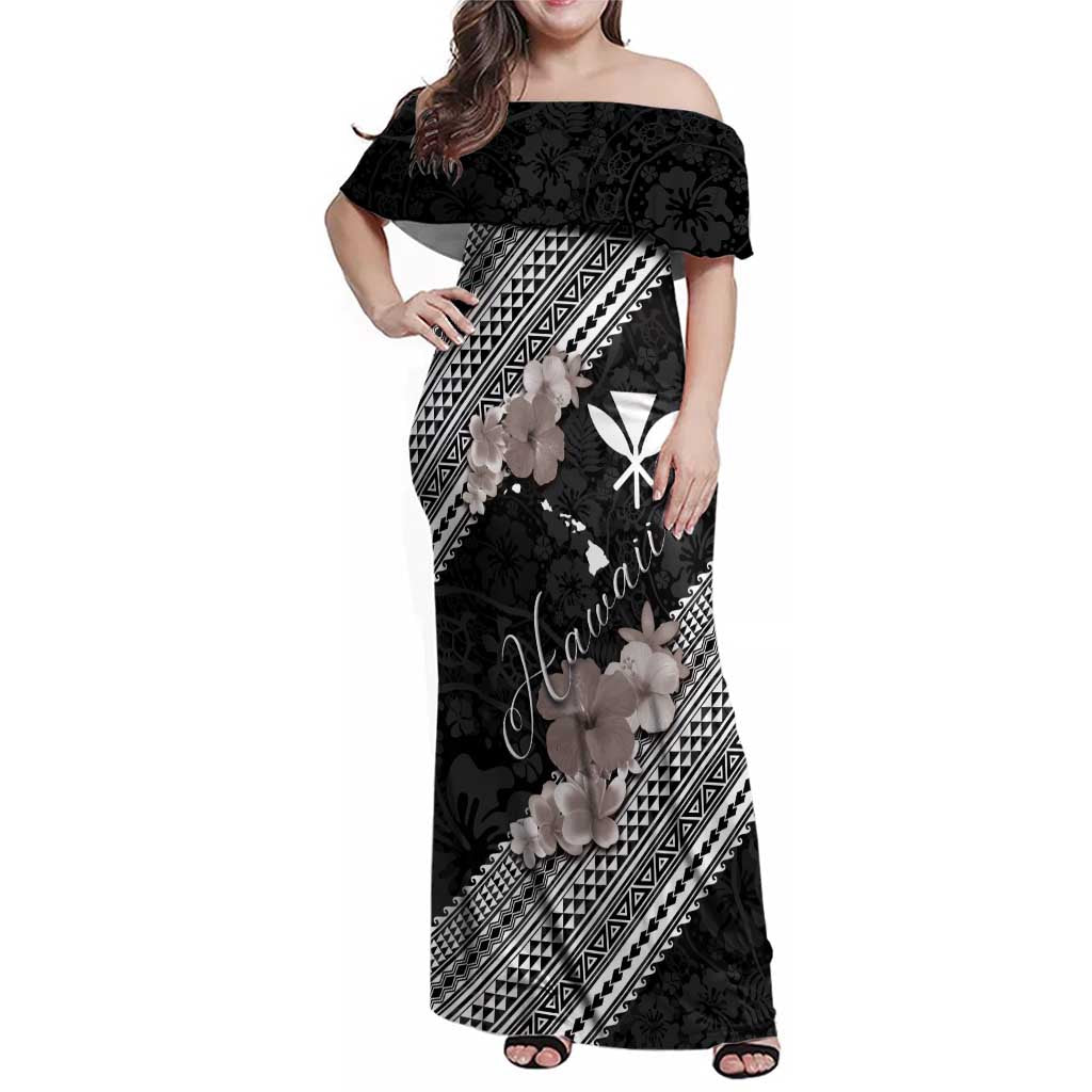 Aloha Hawaii Hibiscus and Plumeria Flowers Family Matching Off Shoulder Maxi Dress and Hawaiian Shirt Kanaka Maoli Tattoo Polynesian Pattern Gray Color LT03 Mom's Dress Black - Polynesian Pride