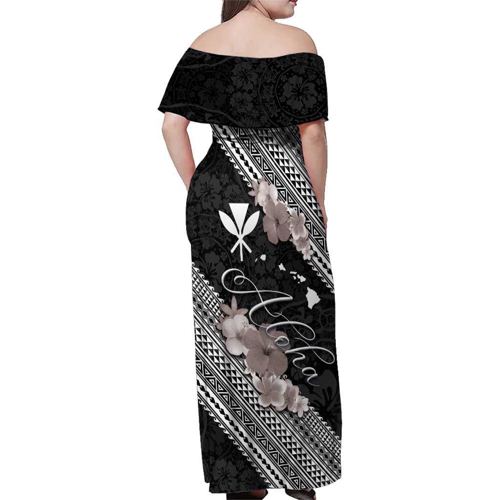 Aloha Hawaii Hibiscus and Plumeria Flowers Family Matching Off Shoulder Maxi Dress and Hawaiian Shirt Kanaka Maoli Tattoo Polynesian Pattern Gray Color LT03 - Polynesian Pride