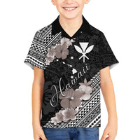 Aloha Hawaii Hibiscus and Plumeria Flowers Family Matching Off Shoulder Maxi Dress and Hawaiian Shirt Kanaka Maoli Tattoo Polynesian Pattern Gray Color LT03 Son's Shirt Black - Polynesian Pride