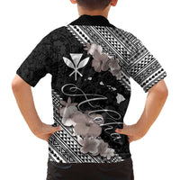 Aloha Hawaii Hibiscus and Plumeria Flowers Family Matching Off Shoulder Short Dress and Hawaiian Shirt Kanaka Maoli Tattoo Polynesian Pattern Gray Color