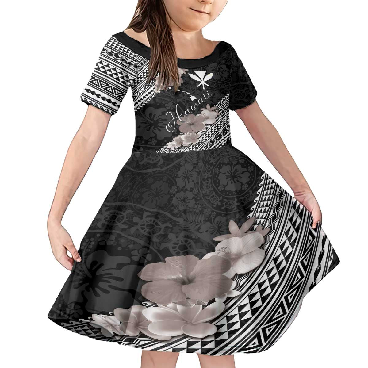 Aloha Hawaii Hibiscus and Plumeria Flowers Family Matching Puletasi and Hawaiian Shirt Kanaka Maoli Tattoo Polynesian Pattern Gray Color LT03 Daughter's Dress Black - Polynesian Pride