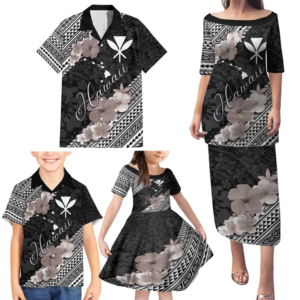 Aloha Hawaii Hibiscus and Plumeria Flowers Family Matching Puletasi and Hawaiian Shirt Kanaka Maoli Tattoo Polynesian Pattern Gray Color LT03 - Polynesian Pride