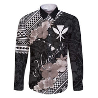 Aloha Hawaii Hibiscus and Plumeria Flowers Family Matching Puletasi and Hawaiian Shirt Kanaka Maoli Tattoo Polynesian Pattern Gray Color LT03 Dad's Shirt - Long Sleeve Black - Polynesian Pride