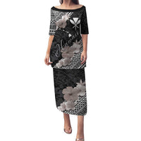 Aloha Hawaii Hibiscus and Plumeria Flowers Family Matching Puletasi and Hawaiian Shirt Kanaka Maoli Tattoo Polynesian Pattern Gray Color LT03 Mom's Dress Black - Polynesian Pride