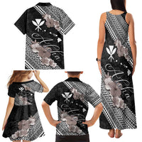 Aloha Hawaii Hibiscus and Plumeria Flowers Family Matching Tank Maxi Dress and Hawaiian Shirt Kanaka Maoli Tattoo Polynesian Pattern Gray Color