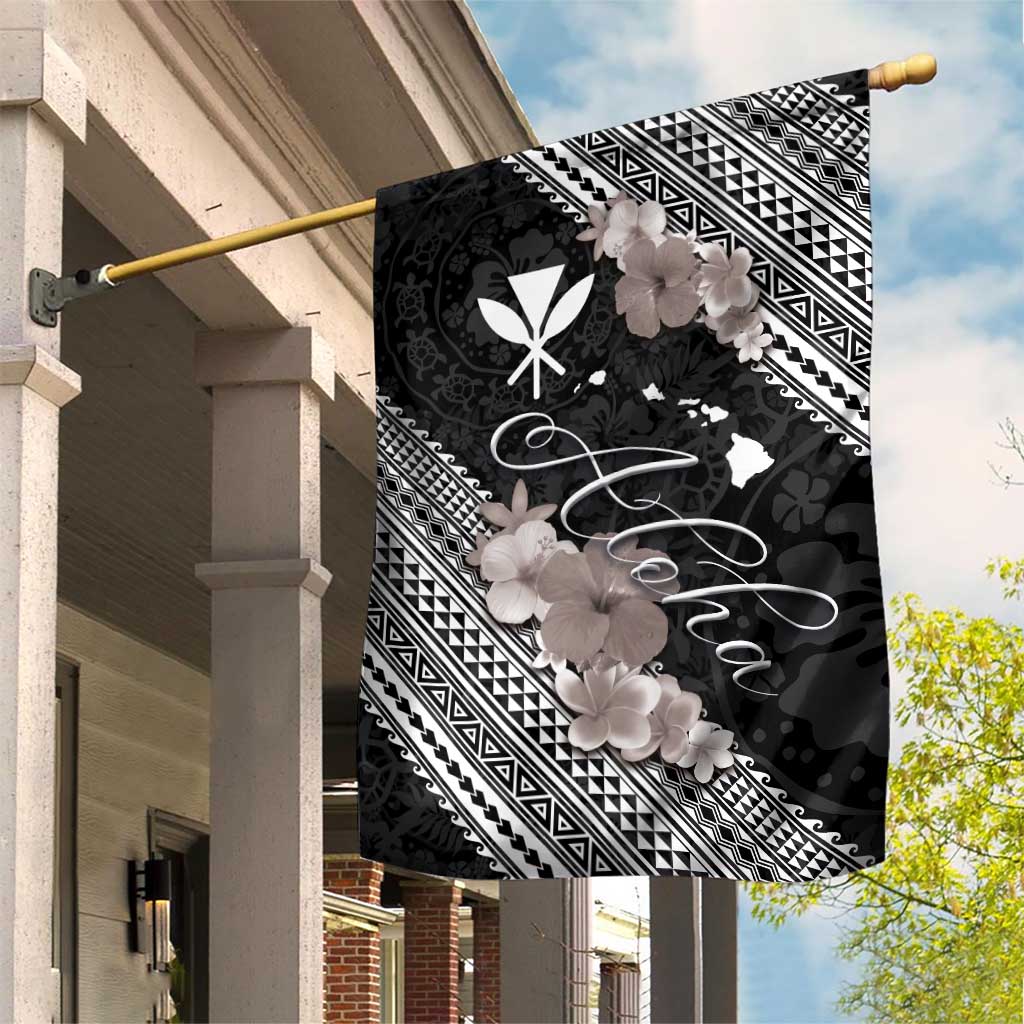 Aloha Hawaii Hibiscus and Plumeria Flowers Garden Flag Kanaka Maoli Tattoo Polynesian Pattern Gray Color LT03 House Flag Black - Polynesian Pride