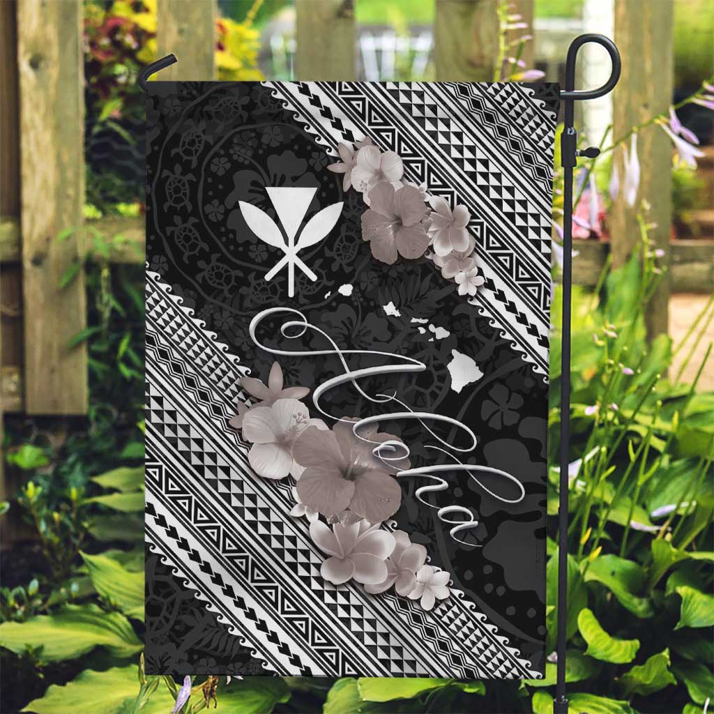 Aloha Hawaii Hibiscus and Plumeria Flowers Garden Flag Kanaka Maoli Tattoo Polynesian Pattern Gray Color LT03 Garden Flag Black - Polynesian Pride