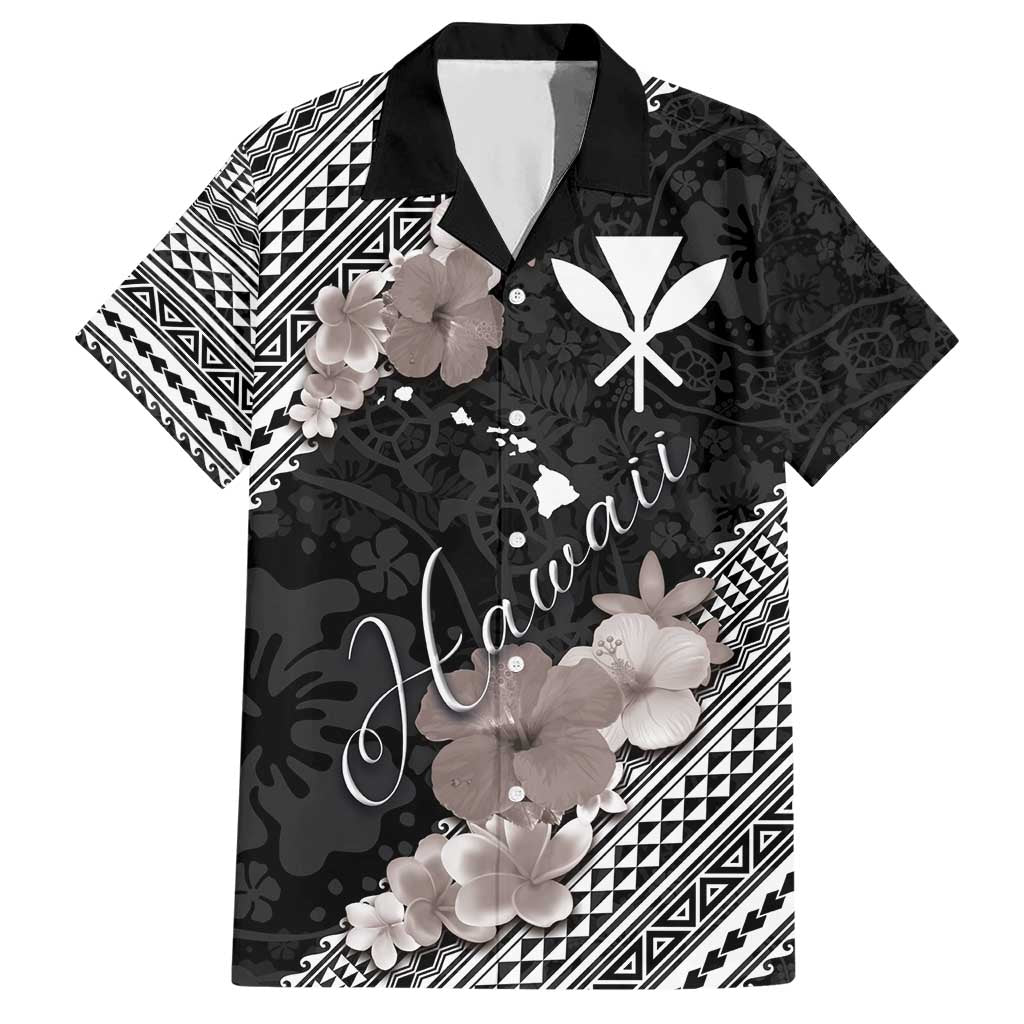 Aloha Hawaii Hibiscus and Plumeria Flowers Hawaiian Shirt Kanaka Maoli Tattoo Polynesian Pattern Gray Color LT03 Black - Polynesian Pride