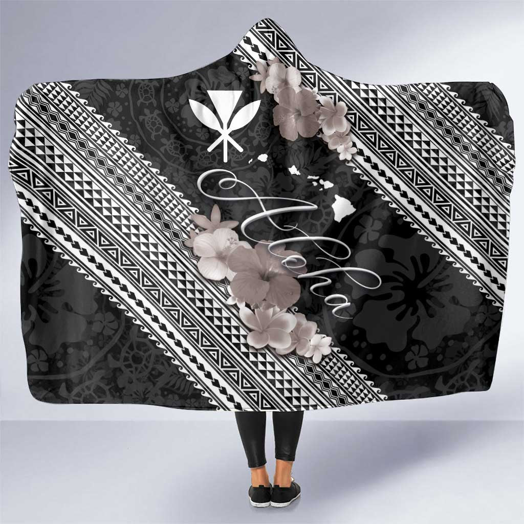 Aloha Hawaii Hibiscus and Plumeria Flowers Hooded Blanket Kanaka Maoli Tattoo Polynesian Pattern Gray Color LT03 One Size Black - Polynesian Pride
