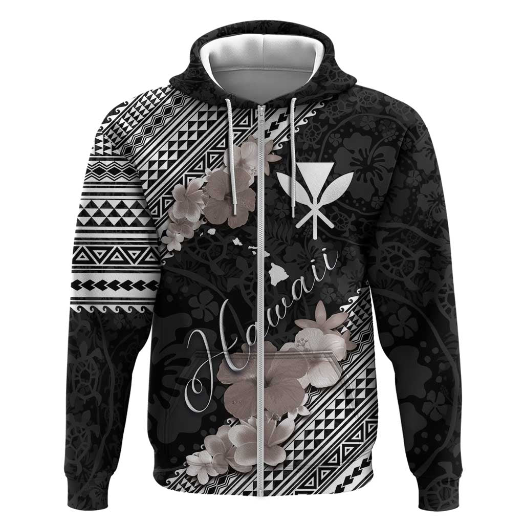 Aloha Hawaii Hibiscus and Plumeria Flowers Hoodie Kanaka Maoli Tattoo Polynesian Pattern Gray Color LT03 Zip Hoodie Black - Polynesian Pride
