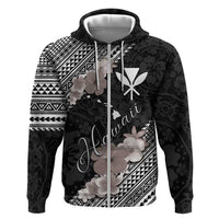 Aloha Hawaii Hibiscus and Plumeria Flowers Hoodie Kanaka Maoli Tattoo Polynesian Pattern Gray Color LT03 Zip Hoodie Black - Polynesian Pride