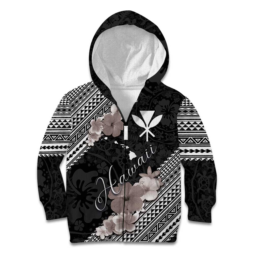Aloha Hawaii Hibiscus and Plumeria Flowers Kid Hoodie Kanaka Maoli Tattoo Polynesian Pattern Gray Color LT03 Zip Hoodie Black - Polynesian Pride