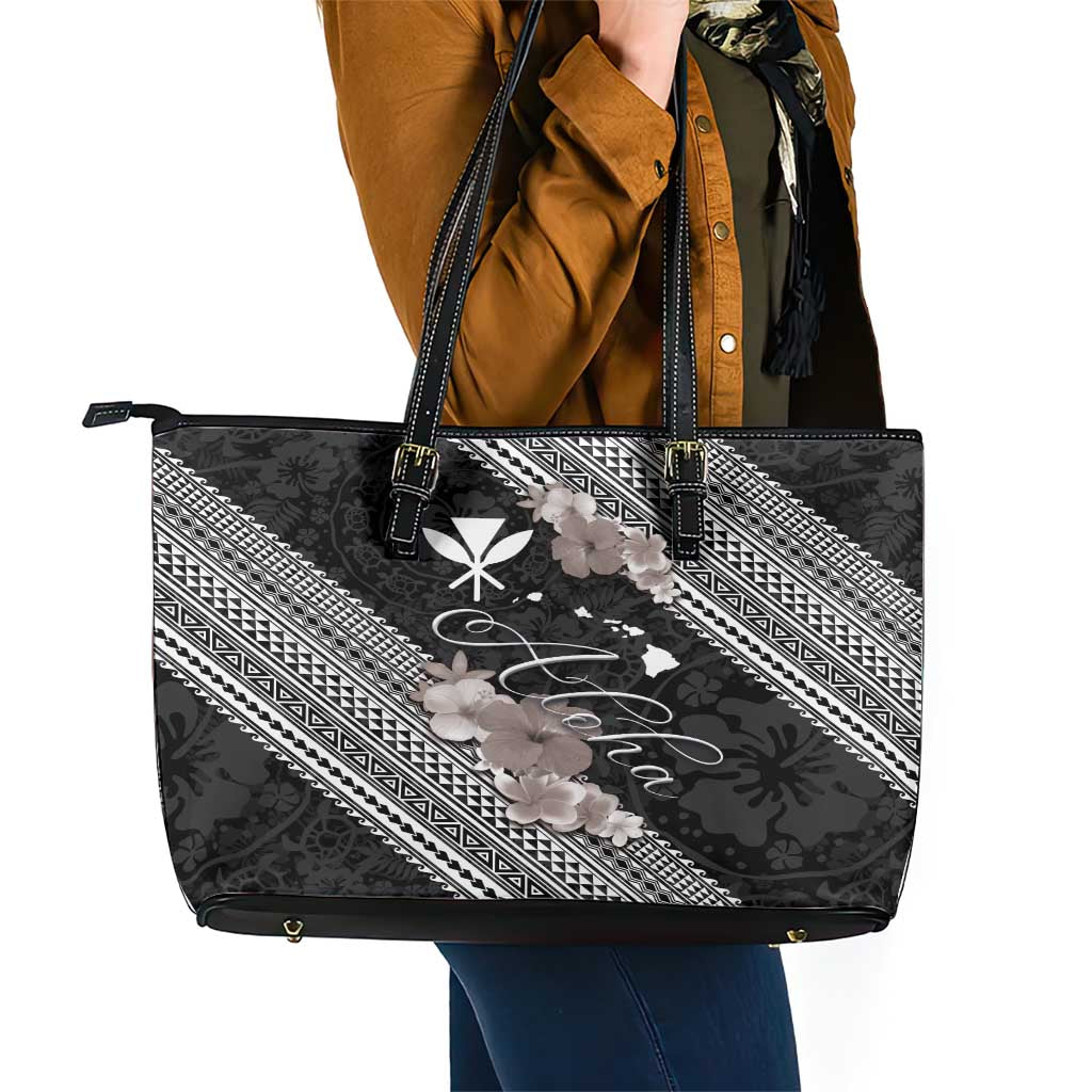 Aloha Hawaii Hibiscus and Plumeria Flowers Leather Tote Bag Kanaka Maoli Tattoo Polynesian Pattern Gray Color LT03 - Polynesian Pride