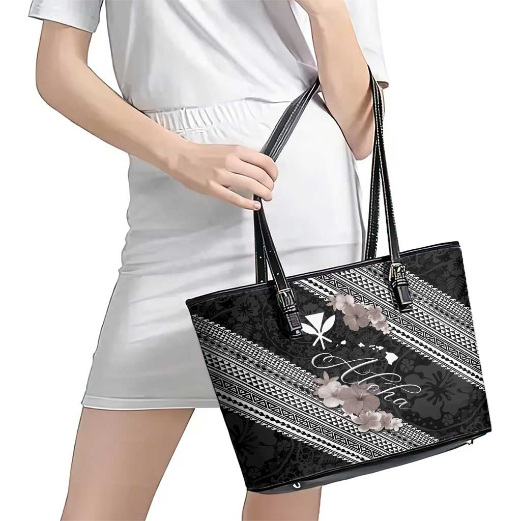 Aloha Hawaii Hibiscus and Plumeria Flowers Leather Tote Bag Kanaka Maoli Tattoo Polynesian Pattern Gray Color LT03 - Polynesian Pride