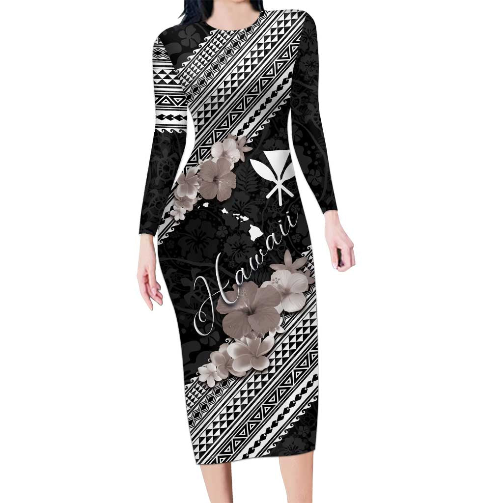 Aloha Hawaii Hibiscus and Plumeria Flowers Long Sleeve Bodycon Dress Kanaka Maoli Tattoo Polynesian Pattern Gray Color LT03 Long Dress Black - Polynesian Pride