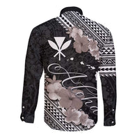 Aloha Hawaii Hibiscus and Plumeria Flowers Long Sleeve Button Shirt Kanaka Maoli Tattoo Polynesian Pattern Gray Color LT03 - Polynesian Pride